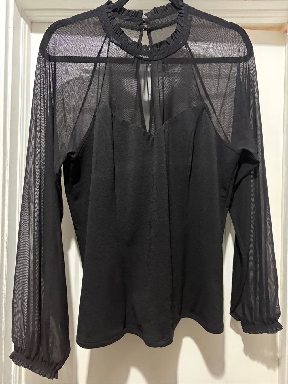 RW&CO. Black Sheer Yoke Ruffle-Neck Long Sleeve Blouse